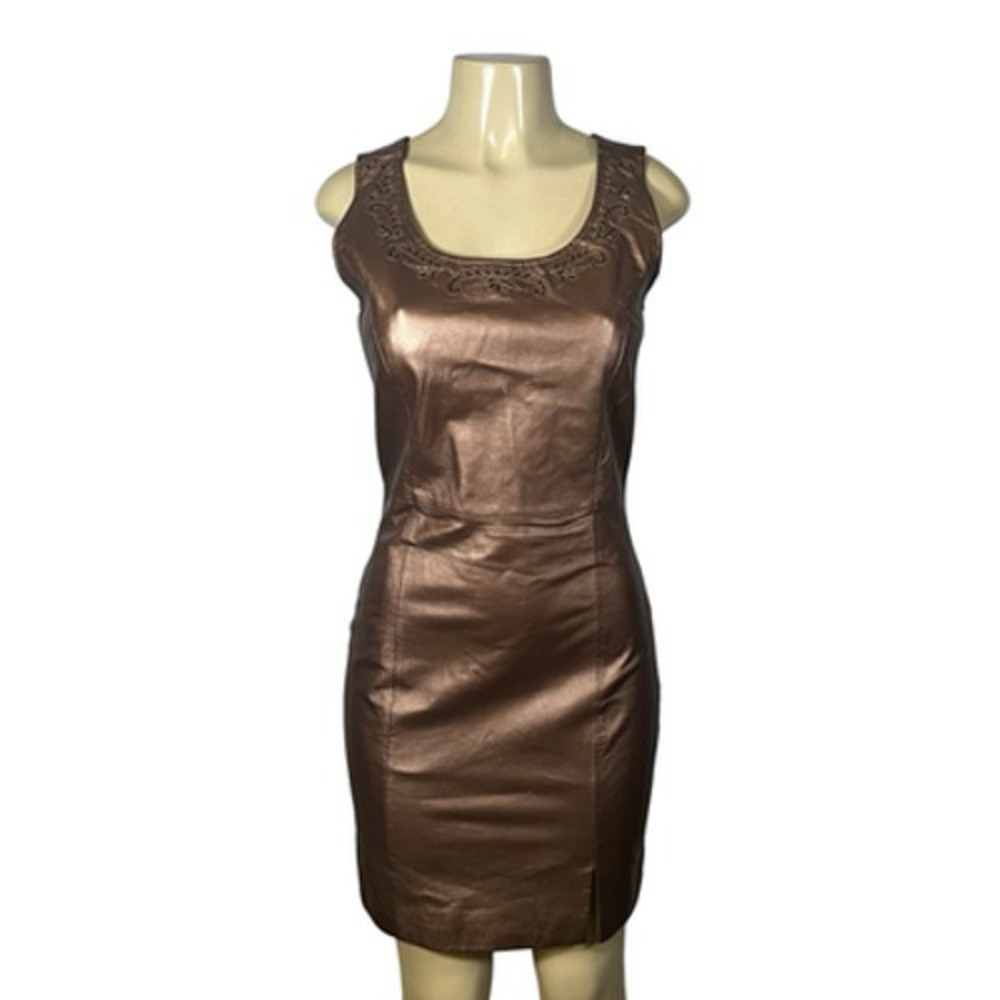 David Benjamin Dress Womens 6 Metallic Brown Leather Beaded Sheath Mini Party